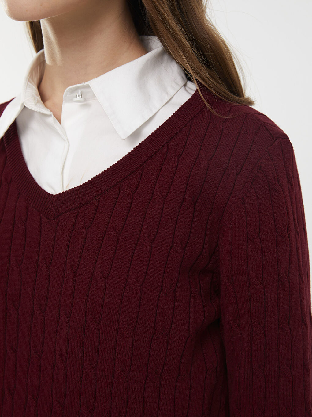 سترة تريكو بياقة على شكل حرف V وكم طويل منقوش للسيدات-3