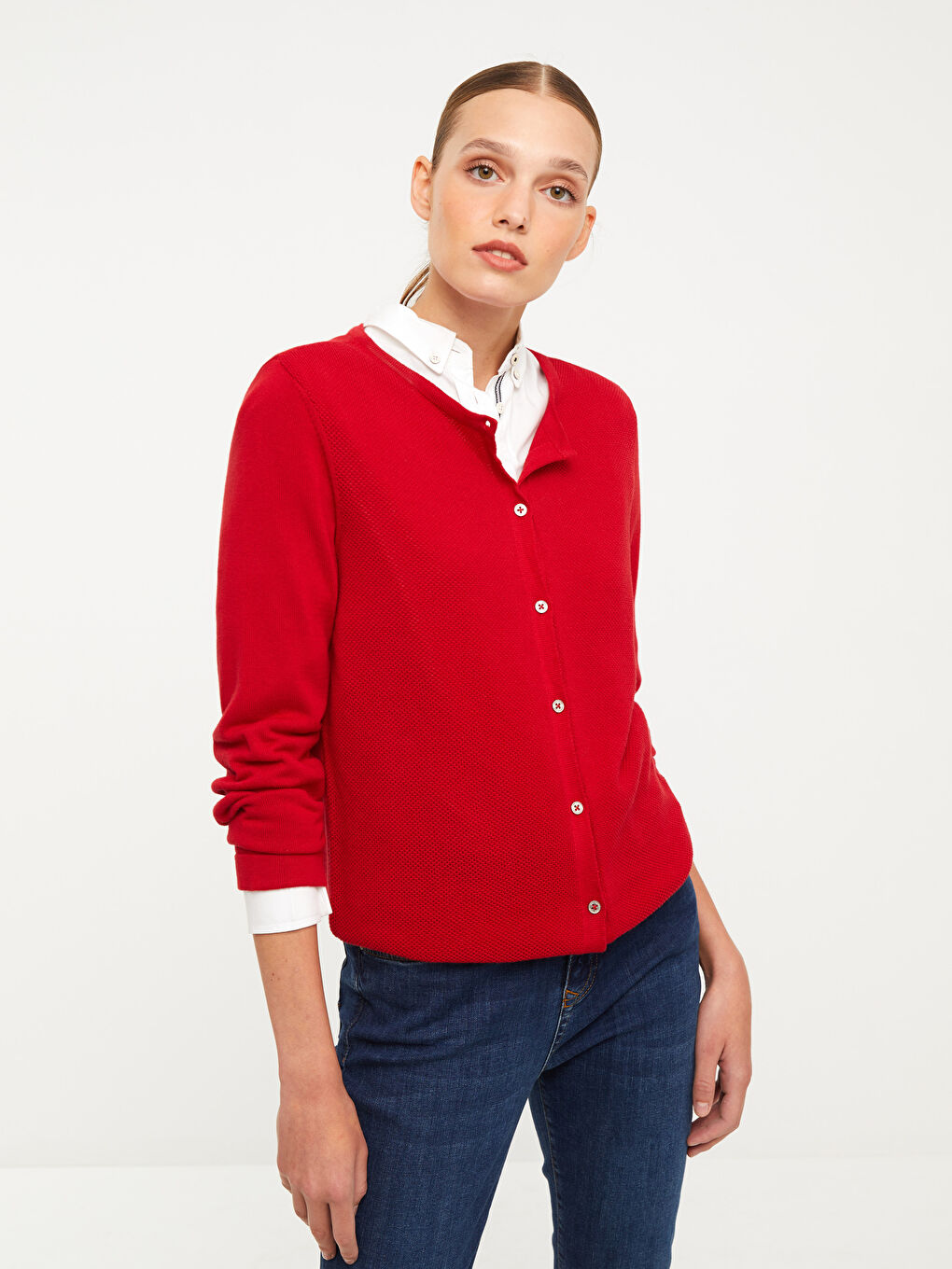 әйелдерге арналған дөңгелек жағалы өрнексіз ұзын жең трикотаж кардиган