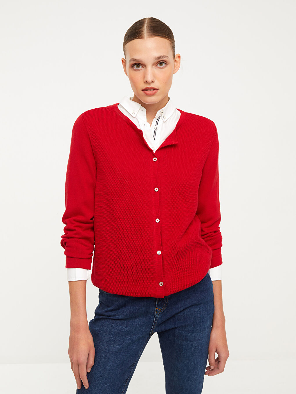 әйелдерге арналған дөңгелек жағалы өрнексіз ұзын жең трикотаж кардиган-1