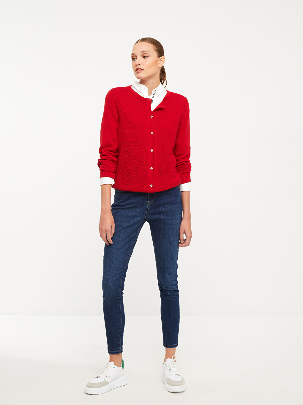 әйелдерге арналған дөңгелек жағалы өрнексіз ұзын жең трикотаж кардиган-2