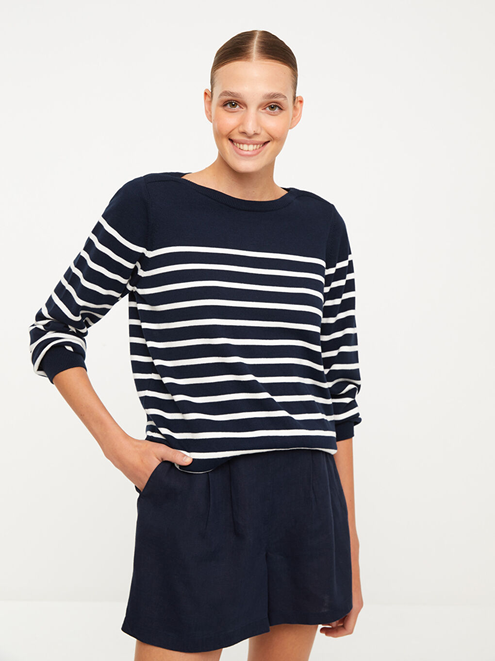 Lacivert Bisiklet Yaka Çizgili Uzun Kollu Kadın Triko Kazak