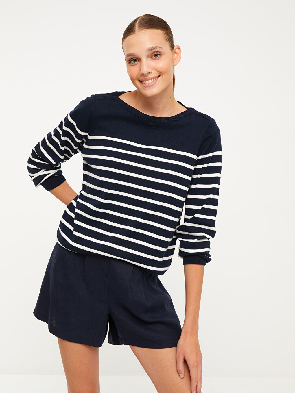 Lacivert Bisiklet Yaka Çizgili Uzun Kollu Kadın Triko Kazak-1