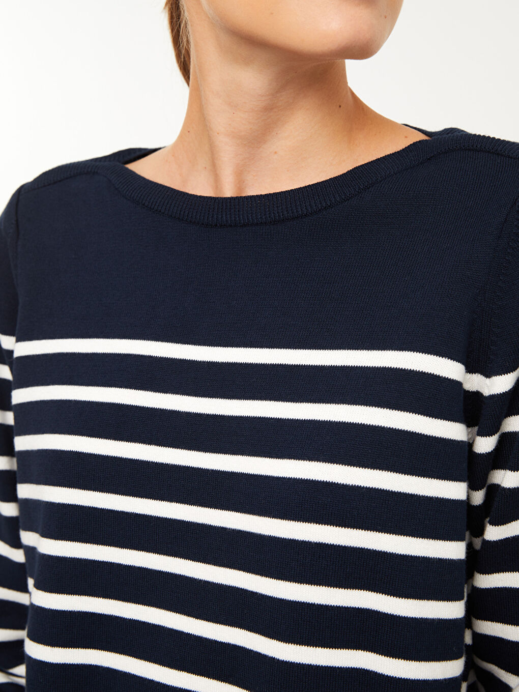Lacivert Bisiklet Yaka Çizgili Uzun Kollu Kadın Triko Kazak-3