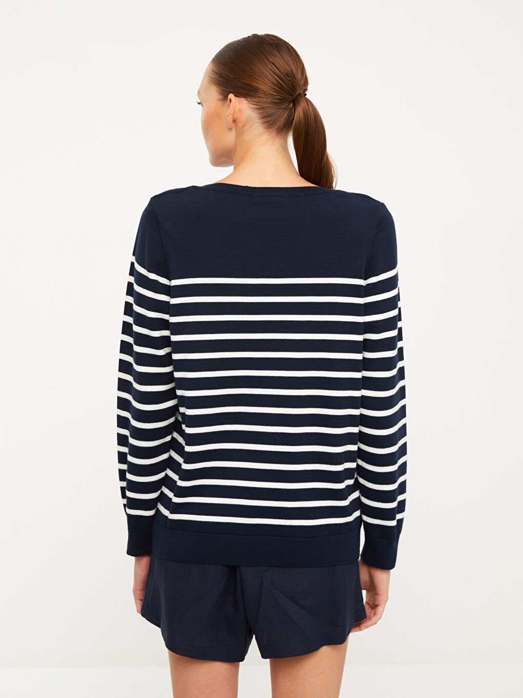 Lacivert Bisiklet Yaka Çizgili Uzun Kollu Kadın Triko Kazak-4