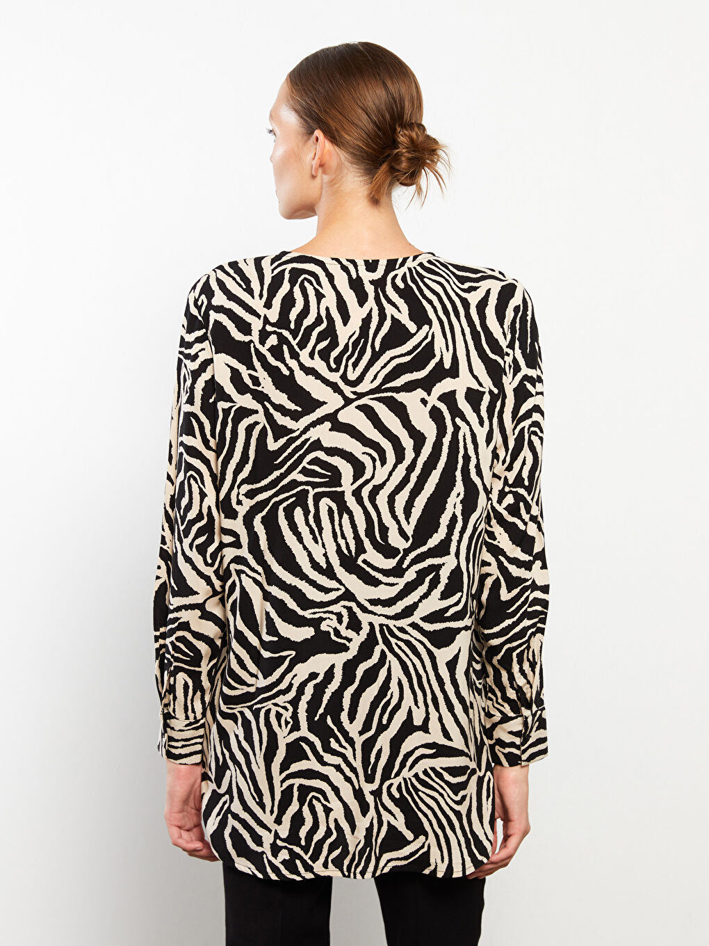 Crew Neck Patterned Long Sleeve Viscose Women's Tunic-3