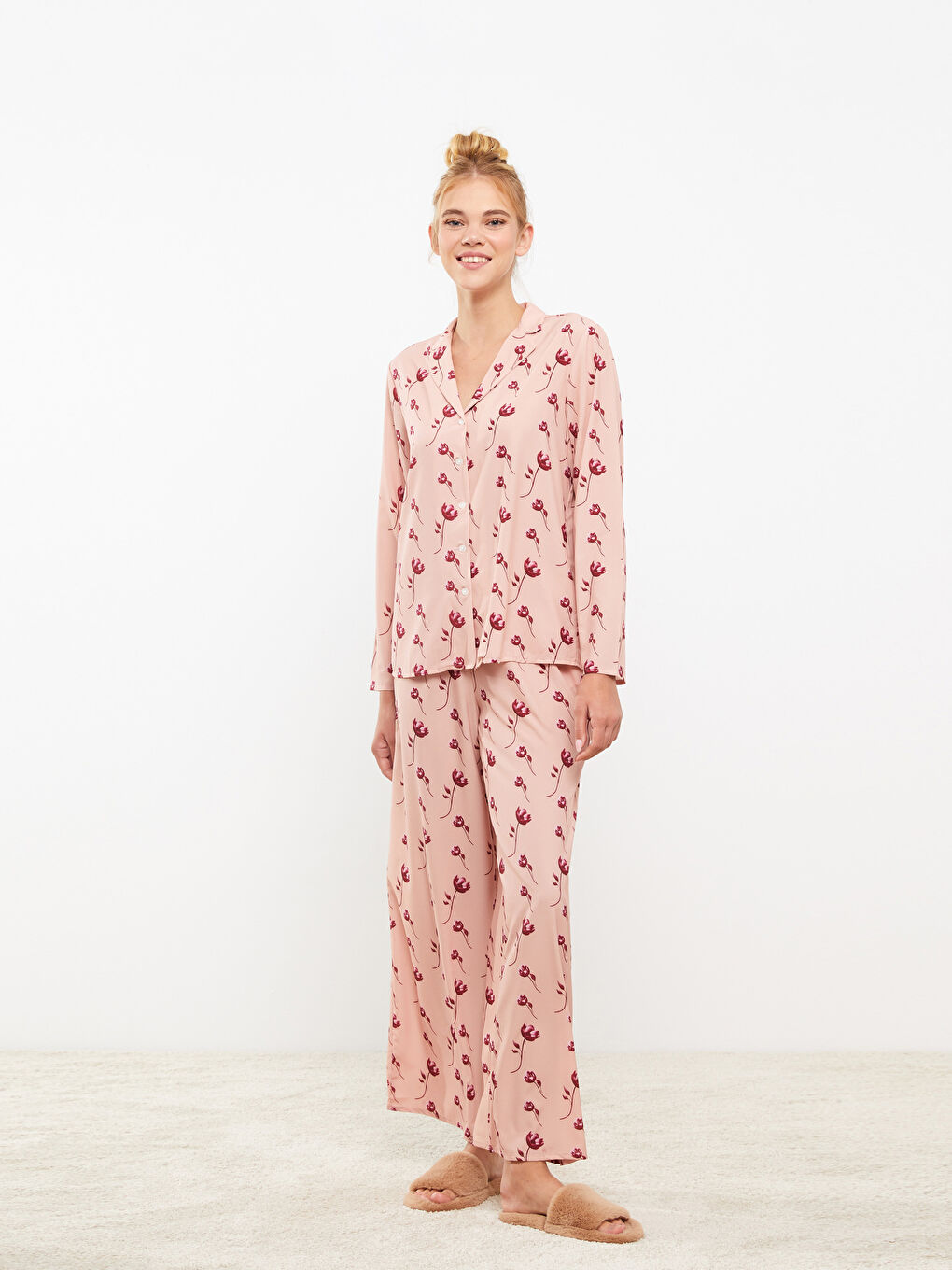 Pembe Gömlek Yaka Desenli Kadın Pijama Takımı