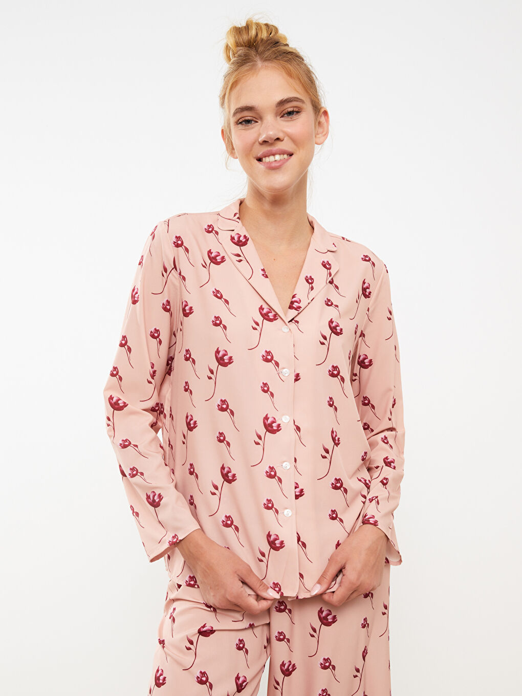 Pembe Gömlek Yaka Desenli Kadın Pijama Takımı-1