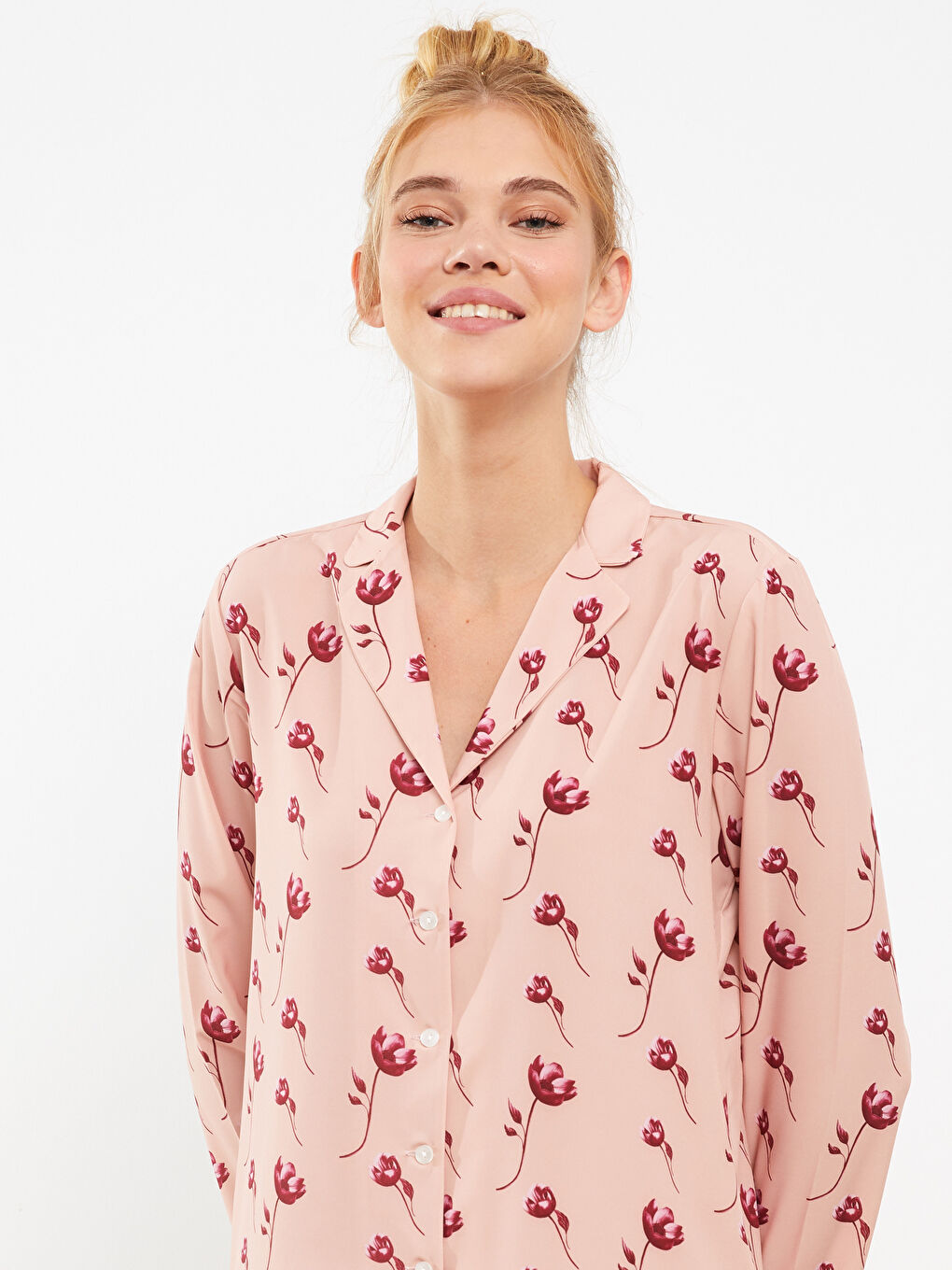 Pembe Gömlek Yaka Desenli Kadın Pijama Takımı-2