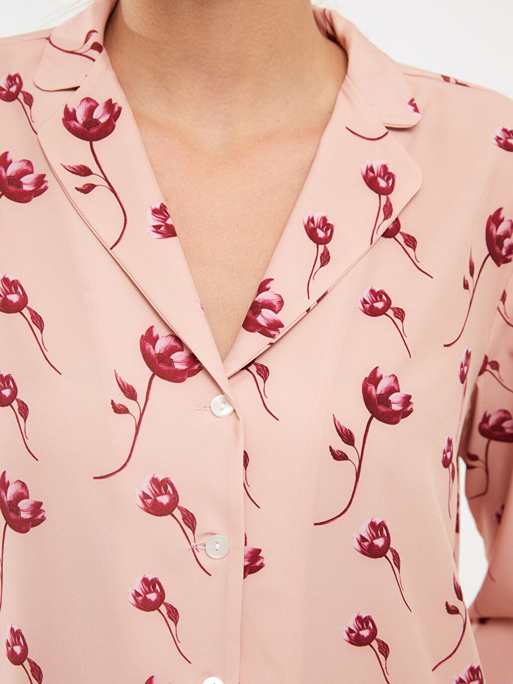 Pembe Gömlek Yaka Desenli Kadın Pijama Takımı-3
