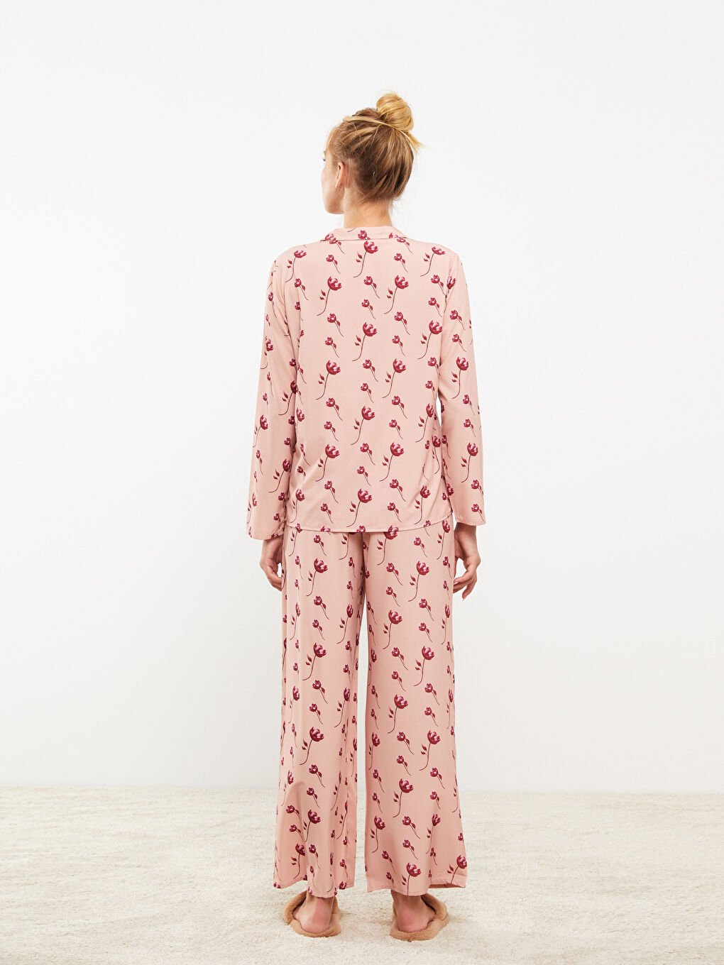 Pembe Gömlek Yaka Desenli Kadın Pijama Takımı-4