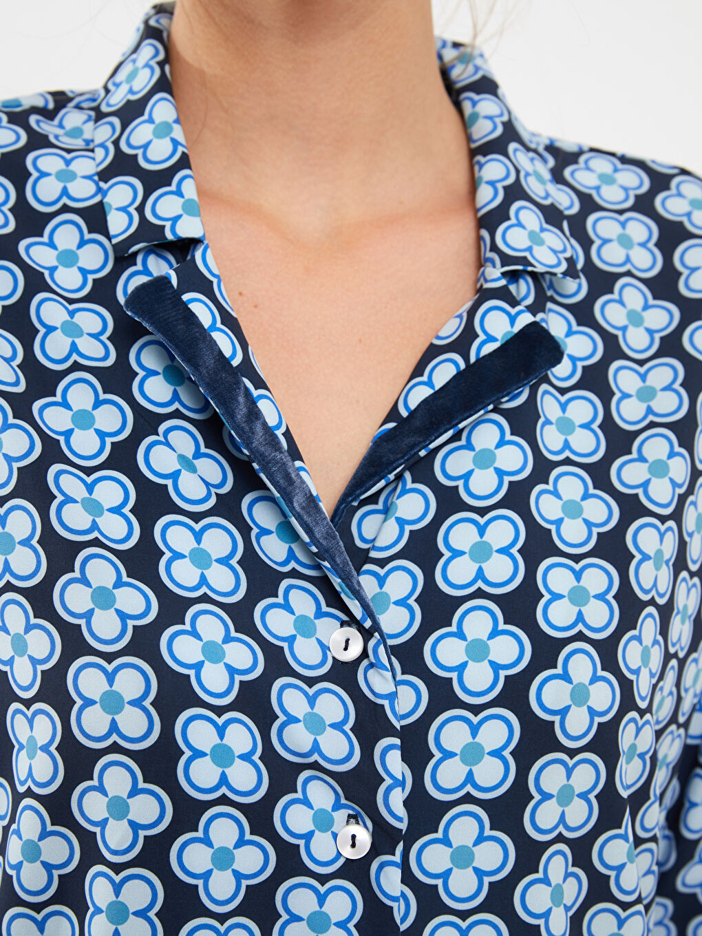 Mavi Gömlek Yaka Desenli Kadın Pijama Takımı-3