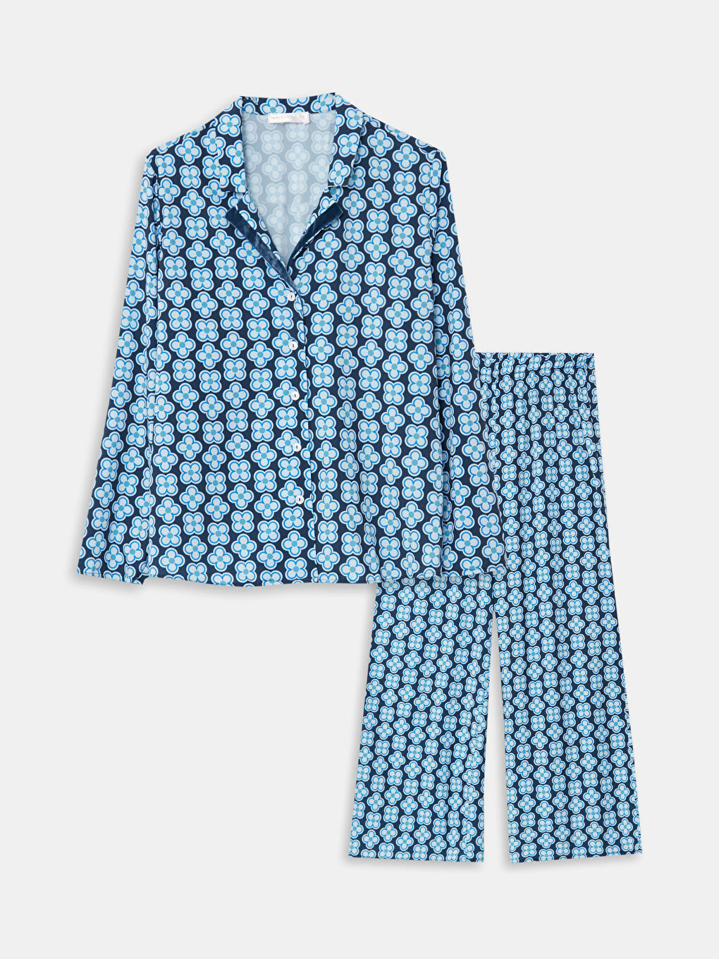 Mavi Gömlek Yaka Desenli Kadın Pijama Takımı-5