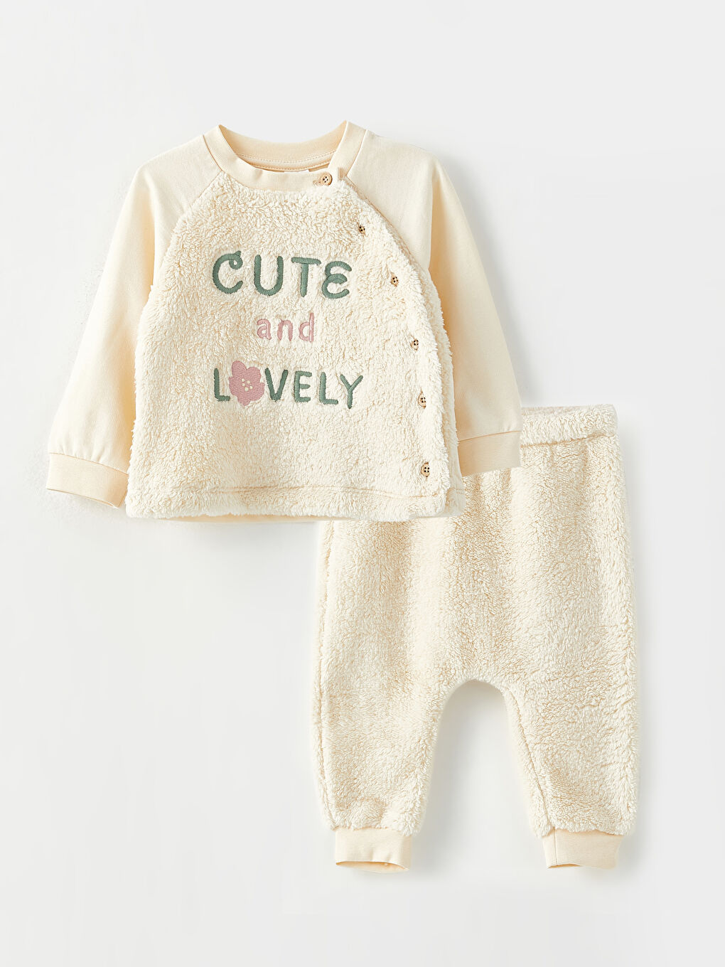 Ekru Bisiklet Yaka Uzun Kollu Nakış Detaylı Kız Bebek Hırka ve Pantolon 2'li Takım