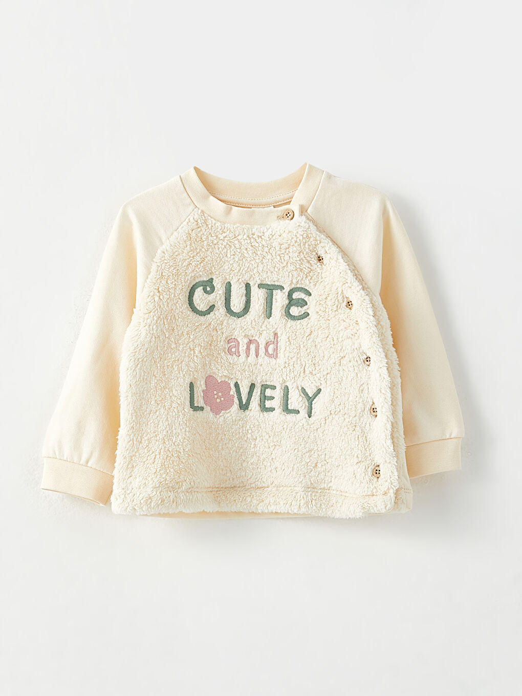 Ekru Bisiklet Yaka Uzun Kollu Nakış Detaylı Kız Bebek Hırka ve Pantolon 2'li Takım-1