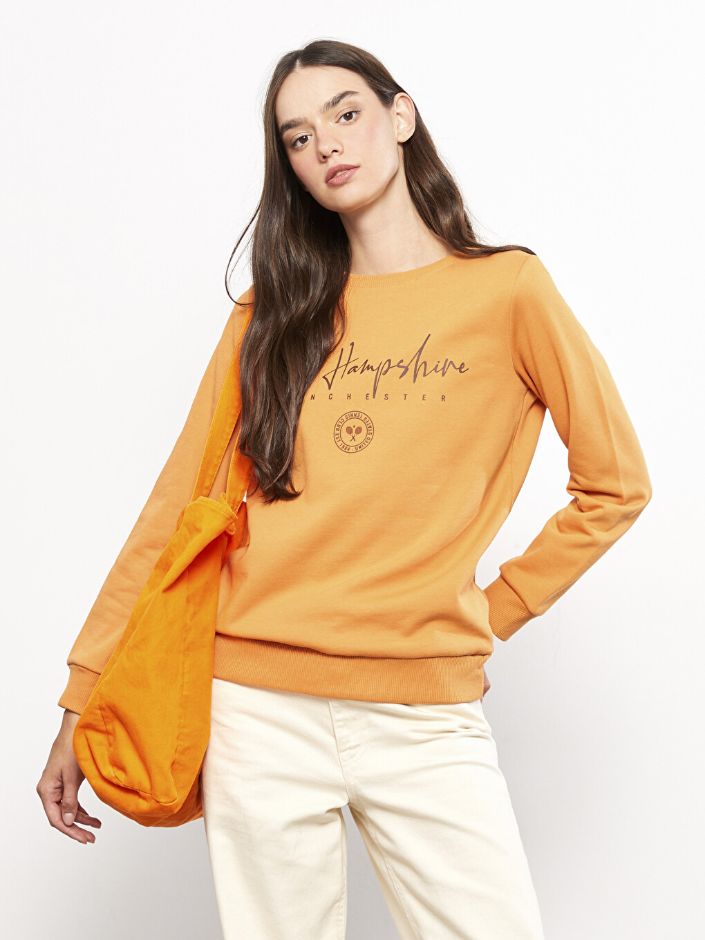 Turuncu Bisiklet Yaka Baskılı Kadın Kalın Sweatshirt-1