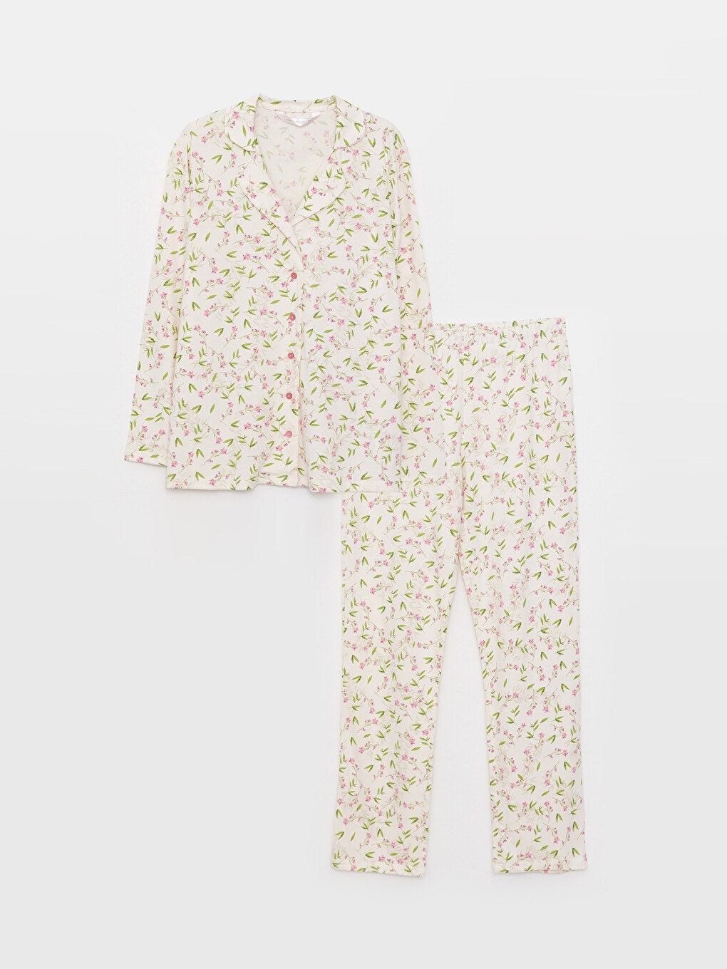 Ekru Gömlek Yaka Desenli Uzun Kollu Pamuklu Kadın Pijama Takımı-6