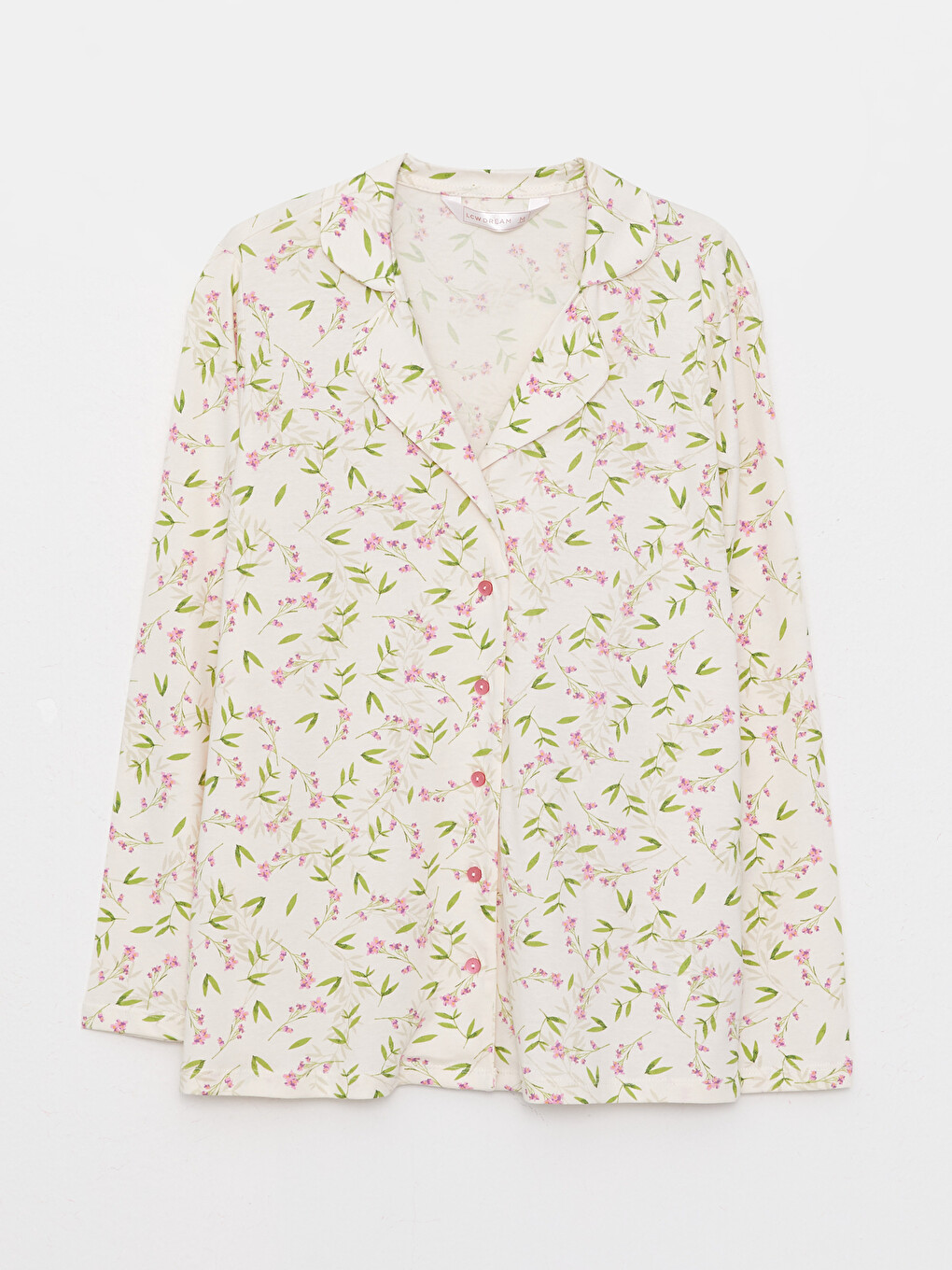 Ekru Gömlek Yaka Desenli Uzun Kollu Pamuklu Kadın Pijama Takımı-7