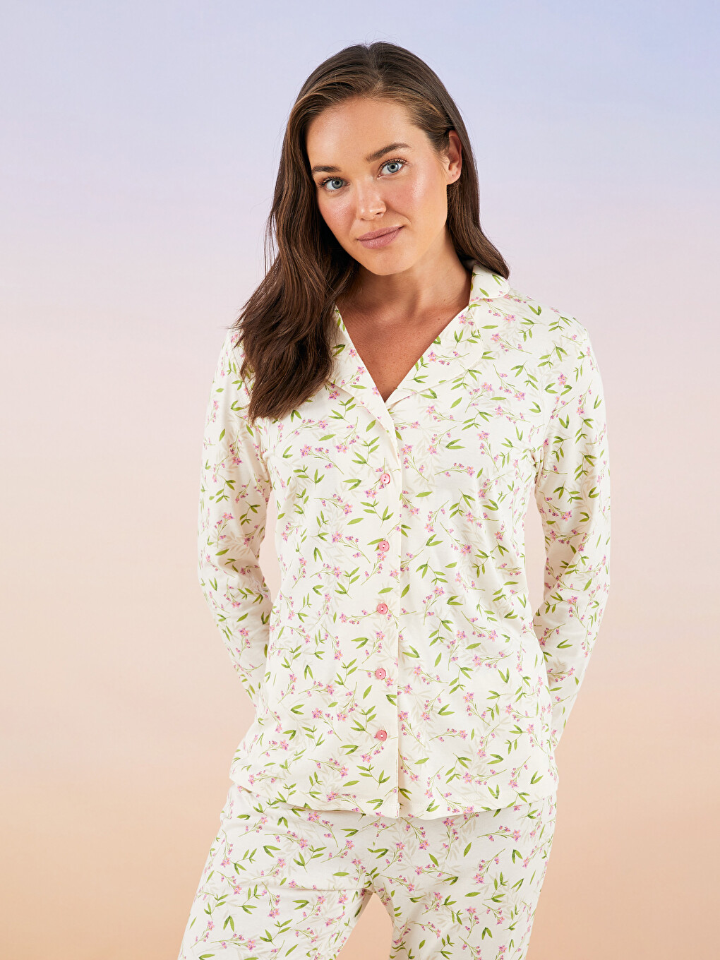 Ekru Gömlek Yaka Desenli Uzun Kollu Pamuklu Kadın Pijama Takımı