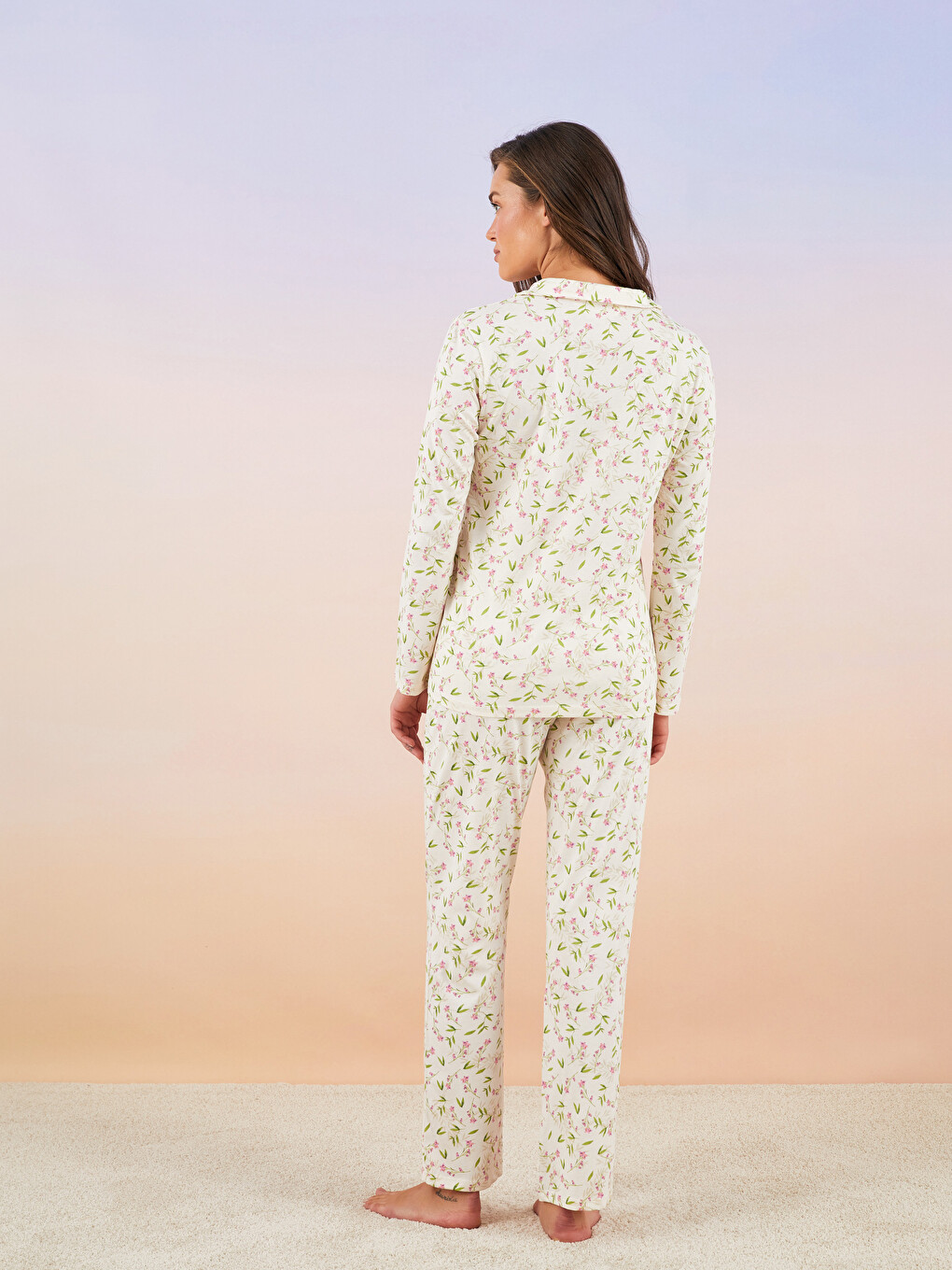 Ekru Gömlek Yaka Desenli Uzun Kollu Pamuklu Kadın Pijama Takımı-5