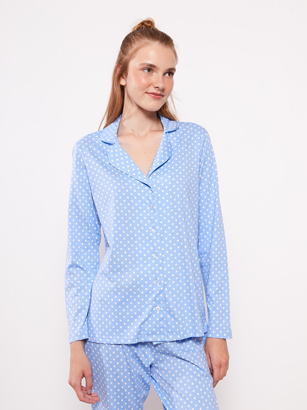 Ensemble de Pyjama pour Femmes à Pois en Coton à Manches Longues et Col de Chemise-1
