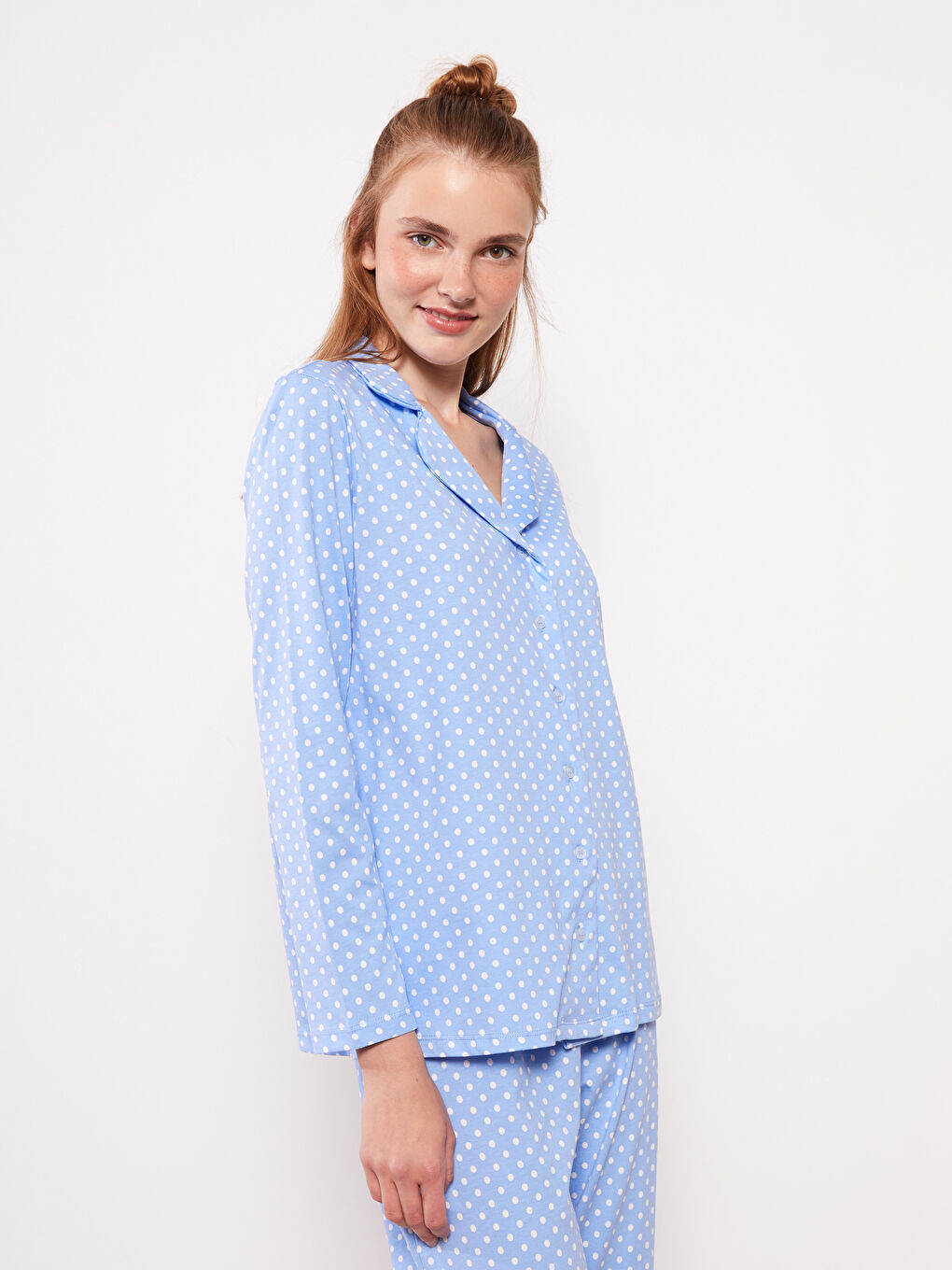 Ensemble de Pyjama pour Femmes à Pois en Coton à Manches Longues et Col de Chemise-2