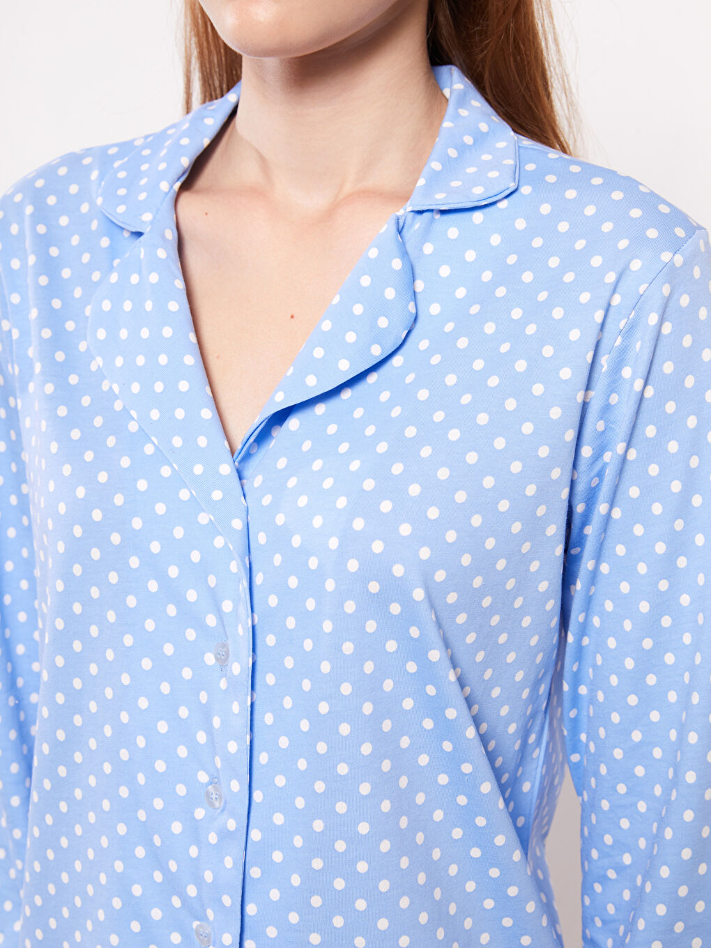 Ensemble de Pyjama pour Femmes à Pois en Coton à Manches Longues et Col de Chemise-3