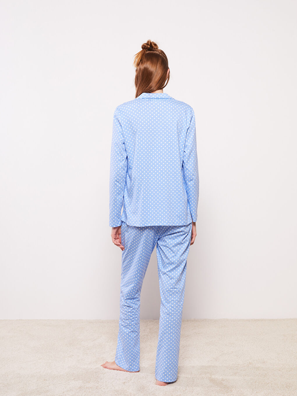 Ensemble de Pyjama pour Femmes à Pois en Coton à Manches Longues et Col de Chemise-5