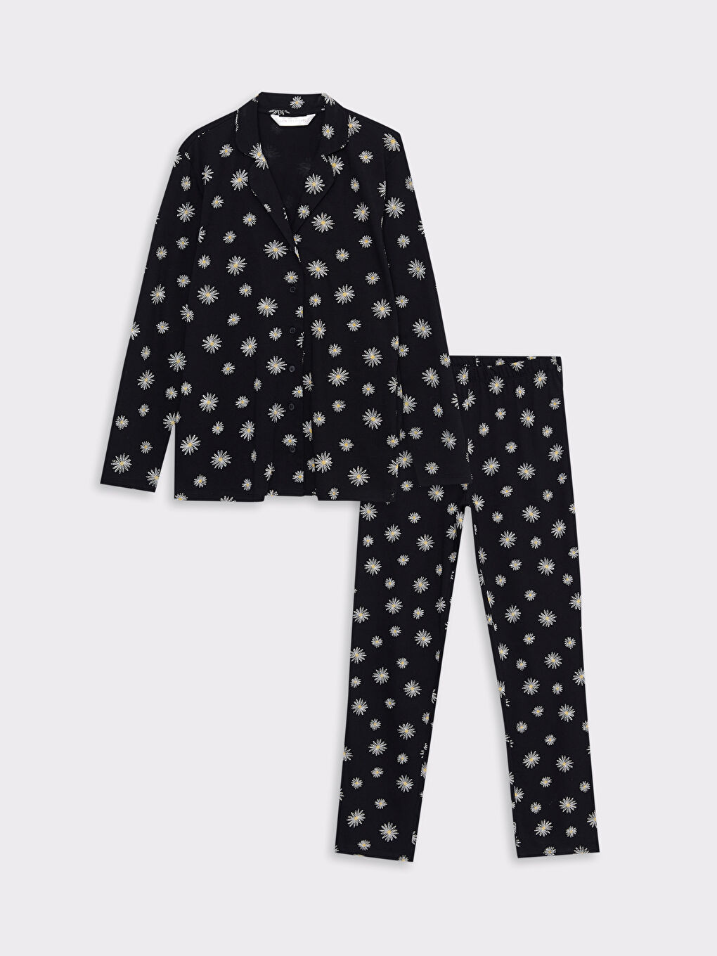 Siyah Gömlek Yaka Çiçekli Uzun Kollu Pamuklu Kadın Pijama Takımı-5
