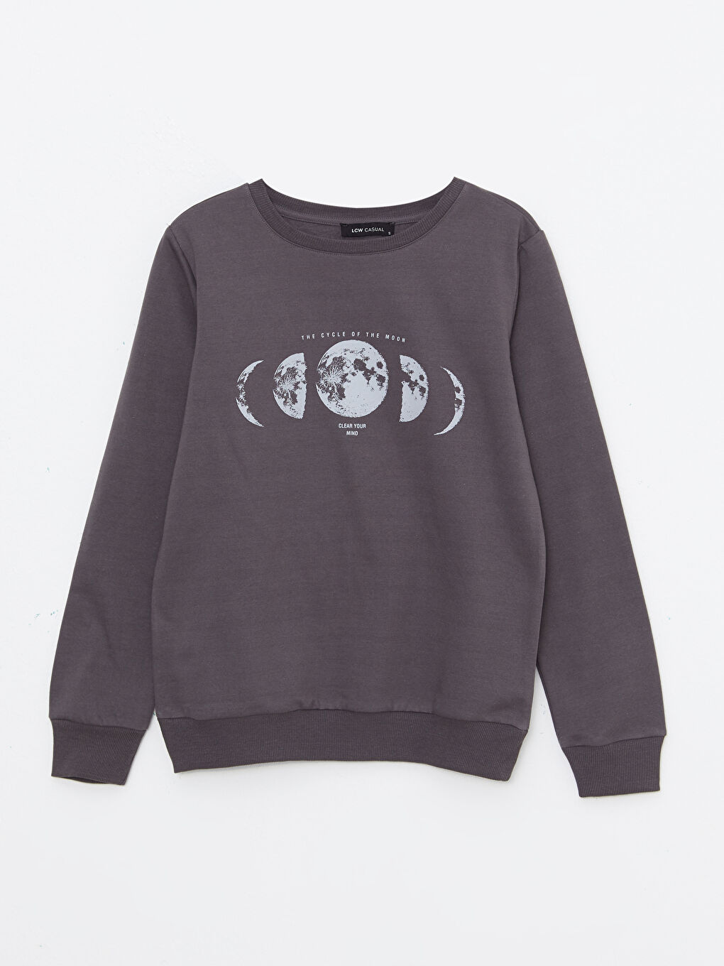 Gri Bisiklet Yaka Baskılı Uzun Kollu Kadın Sweatshirt-5