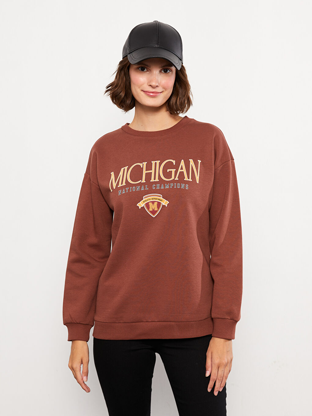 Kahverengi Bisiklet Yaka Baskılı Kadın Kalın Sweatshirt-1