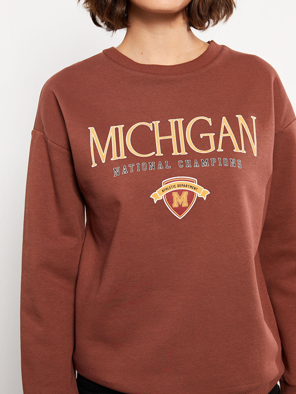 Kahverengi Bisiklet Yaka Baskılı Kadın Kalın Sweatshirt-3