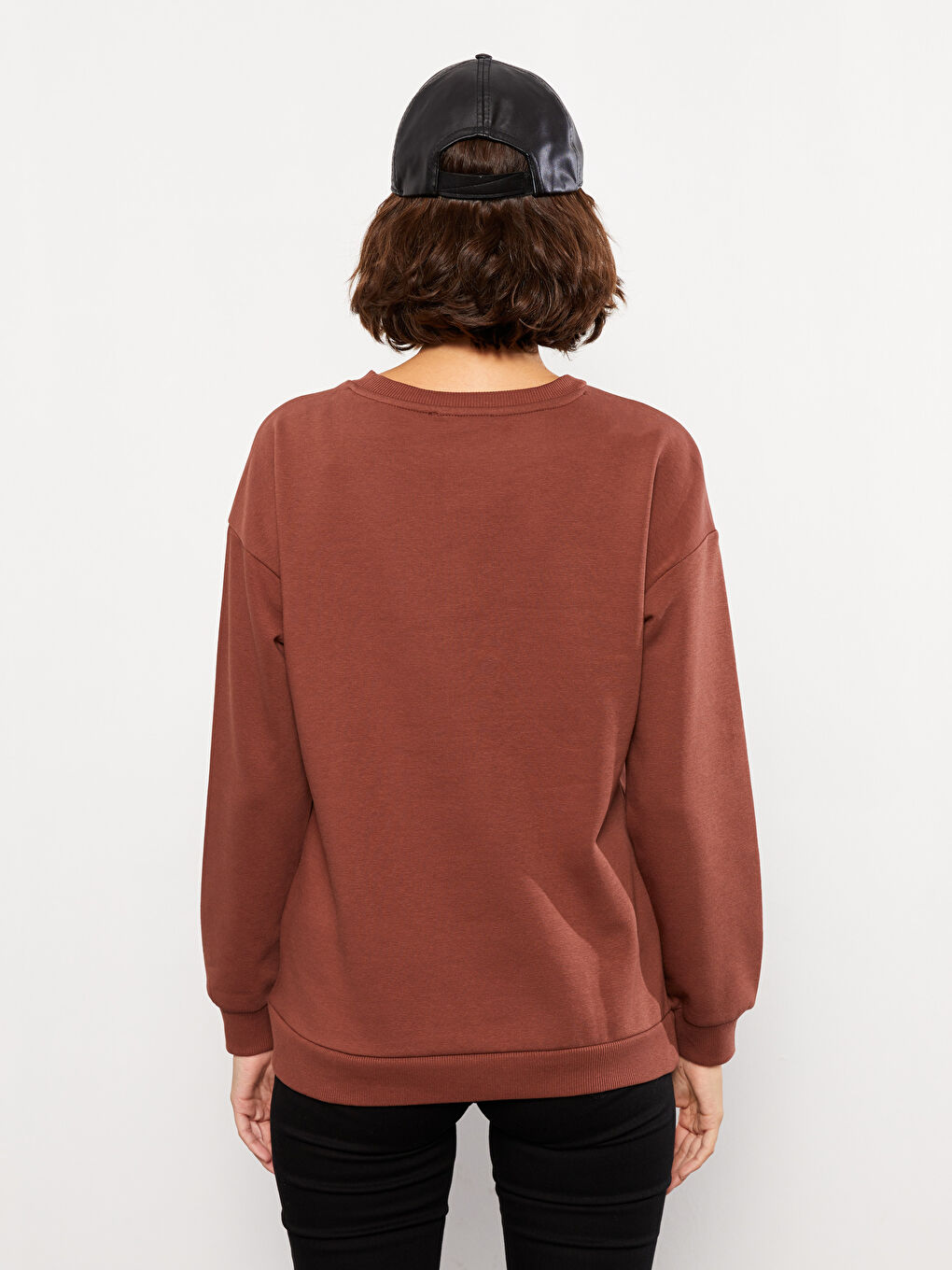 Kahverengi Bisiklet Yaka Baskılı Kadın Kalın Sweatshirt-4