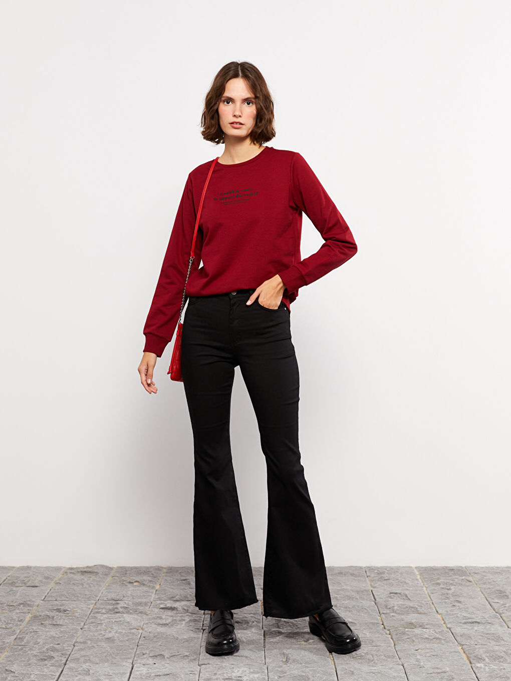 Bordo Bisiklet Yaka Baskılı Uzun Kollu Kadın Sweatshirt