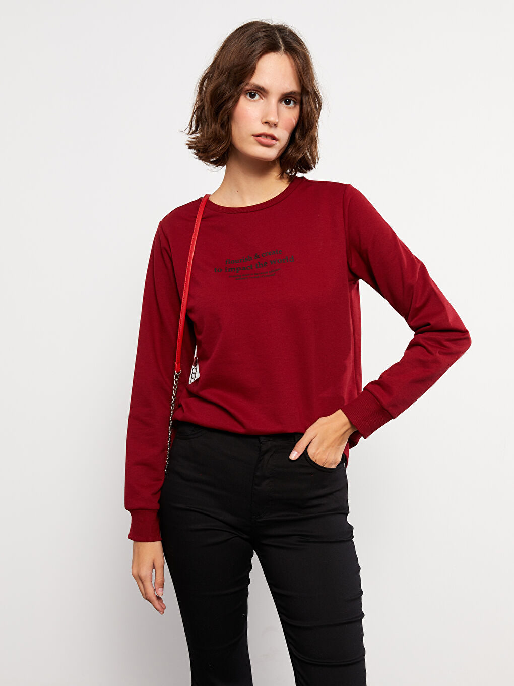 Bordo Bisiklet Yaka Baskılı Uzun Kollu Kadın Sweatshirt-1