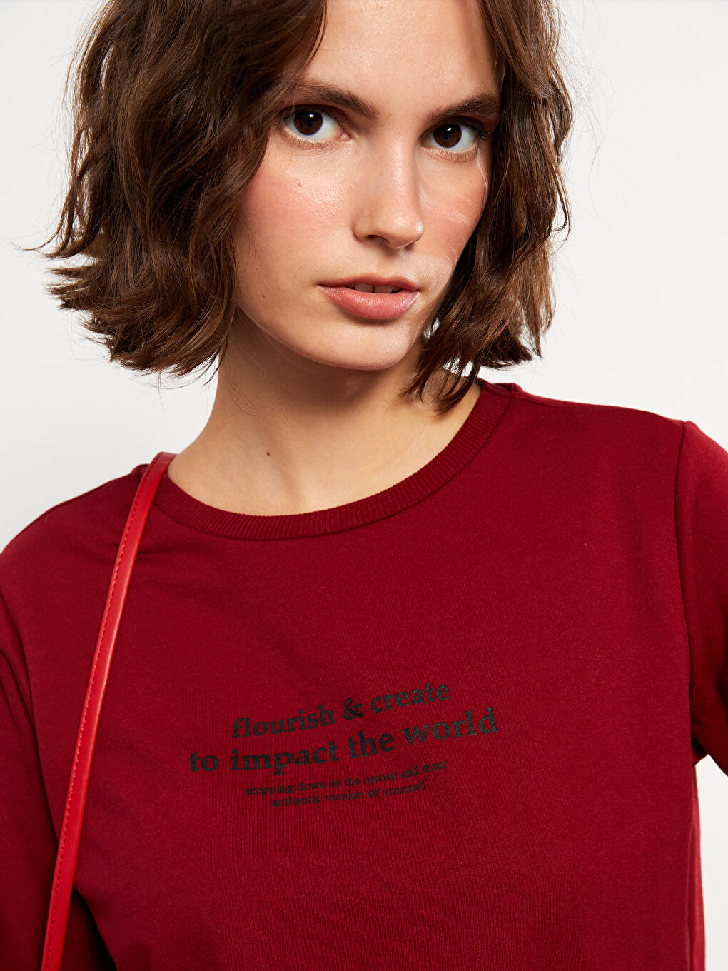 Bordo Bisiklet Yaka Baskılı Uzun Kollu Kadın Sweatshirt-2