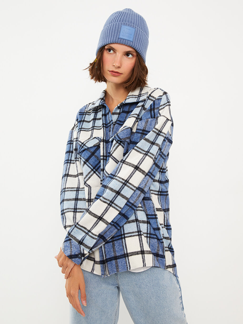 Lacivert Ekose Uzun Kollu Flanel Kadın Oduncu Gömlek Ceket-1