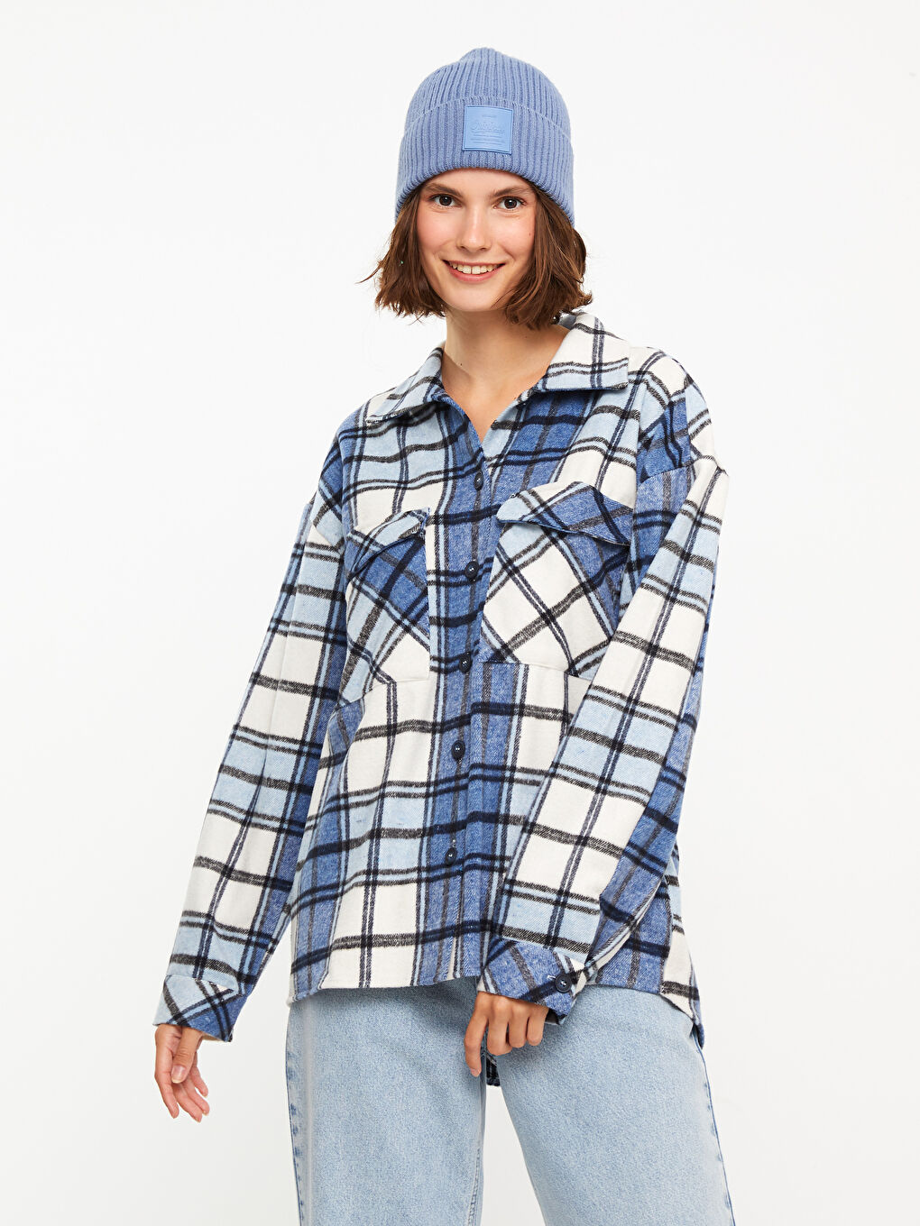 Lacivert Ekose Uzun Kollu Flanel Kadın Oduncu Gömlek Ceket-2