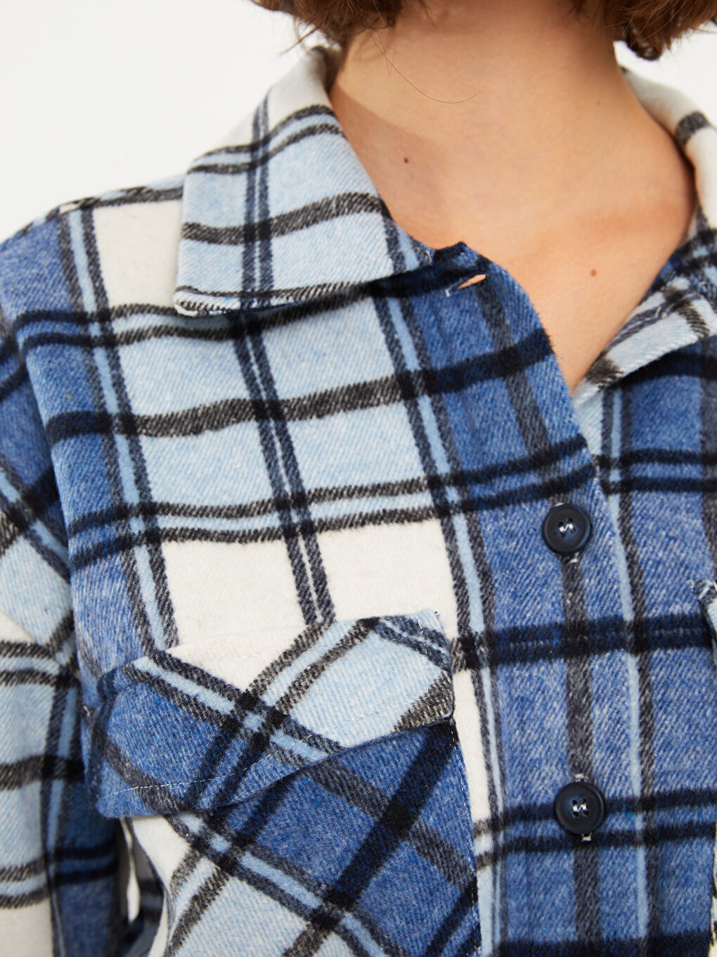 Lacivert Ekose Uzun Kollu Flanel Kadın Oduncu Gömlek Ceket-3