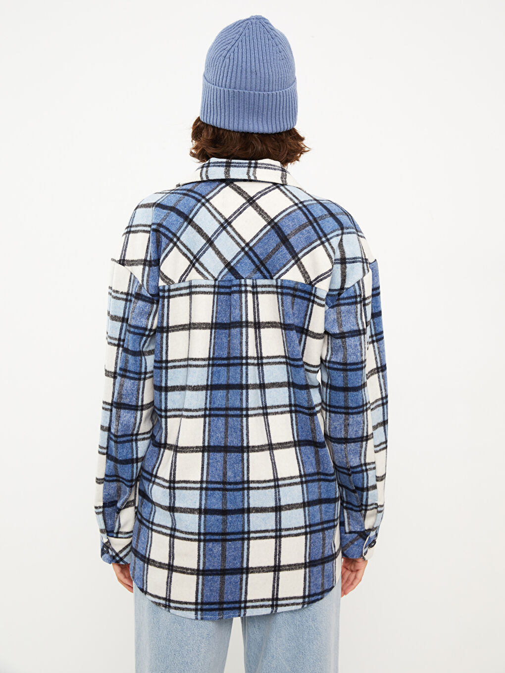 Lacivert Ekose Uzun Kollu Flanel Kadın Oduncu Gömlek Ceket-4