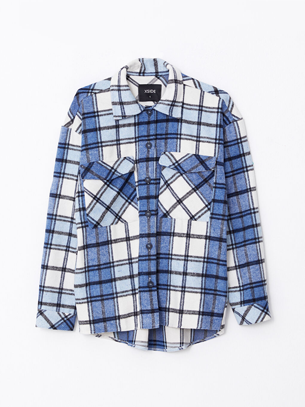 Lacivert Ekose Uzun Kollu Flanel Kadın Oduncu Gömlek Ceket-5
