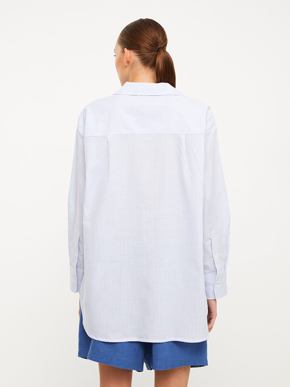 Lacivert Önden Düğme Kapamalı Çizgili Uzun Kollu Oxford Kadın Gömlek-4