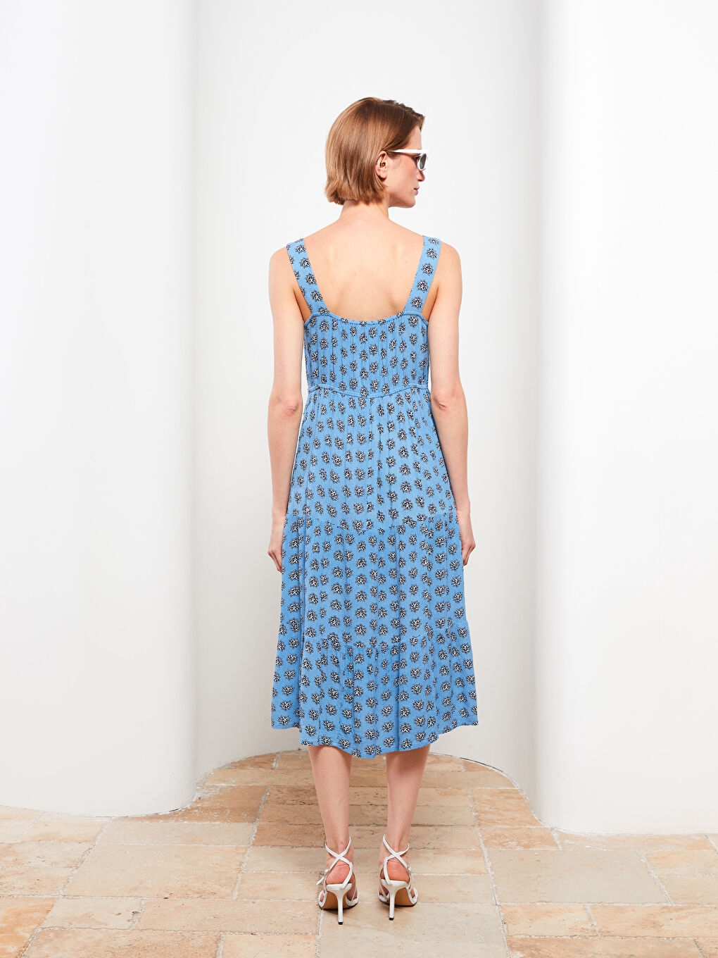 U Neck Patterned Strappy Viscose Women's Dress-4