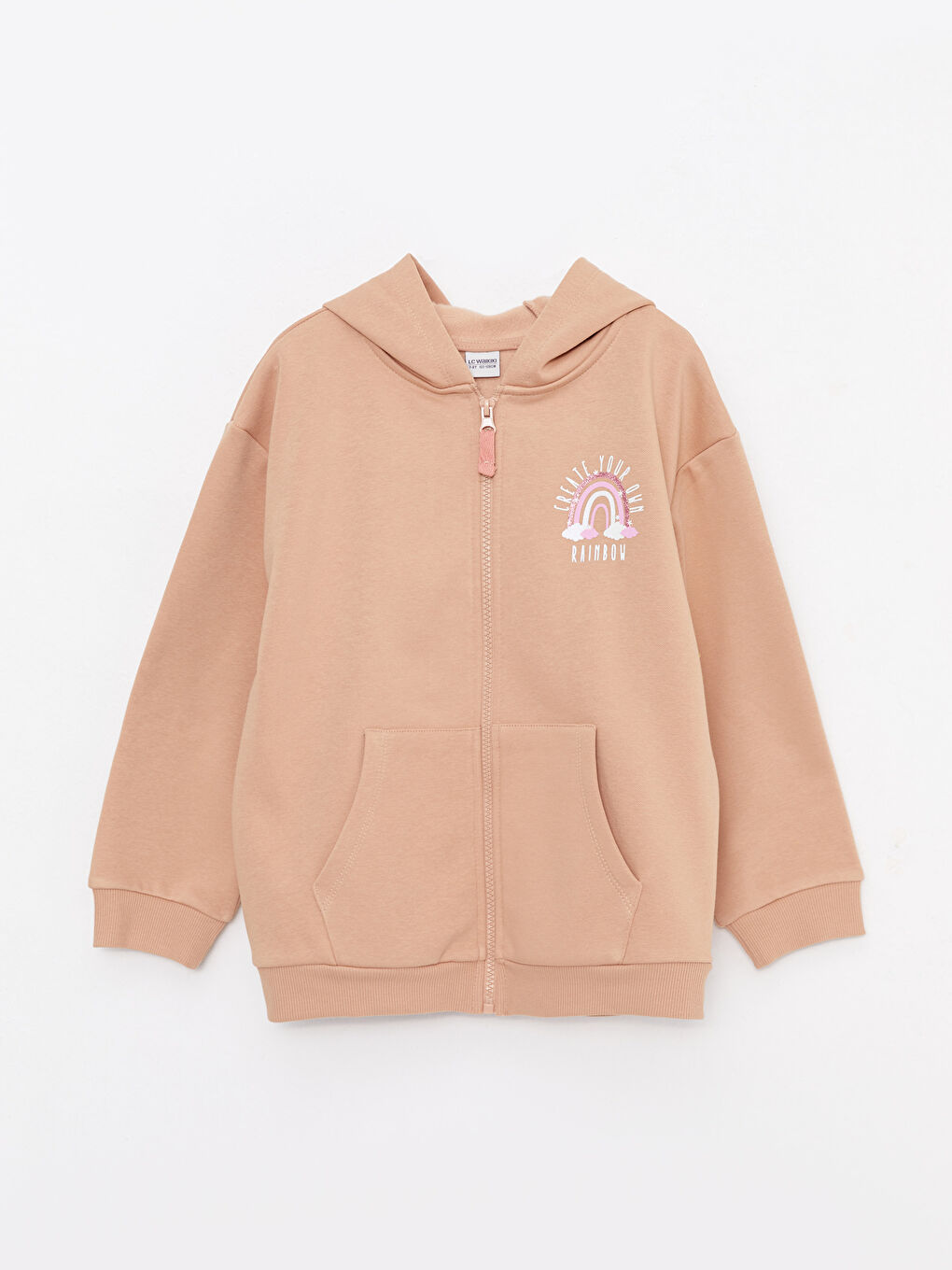 Kahverengi Kapüşonlu Baskılı Uzun Kollu Kız Çocuk Fermuarlı Sweatshirt