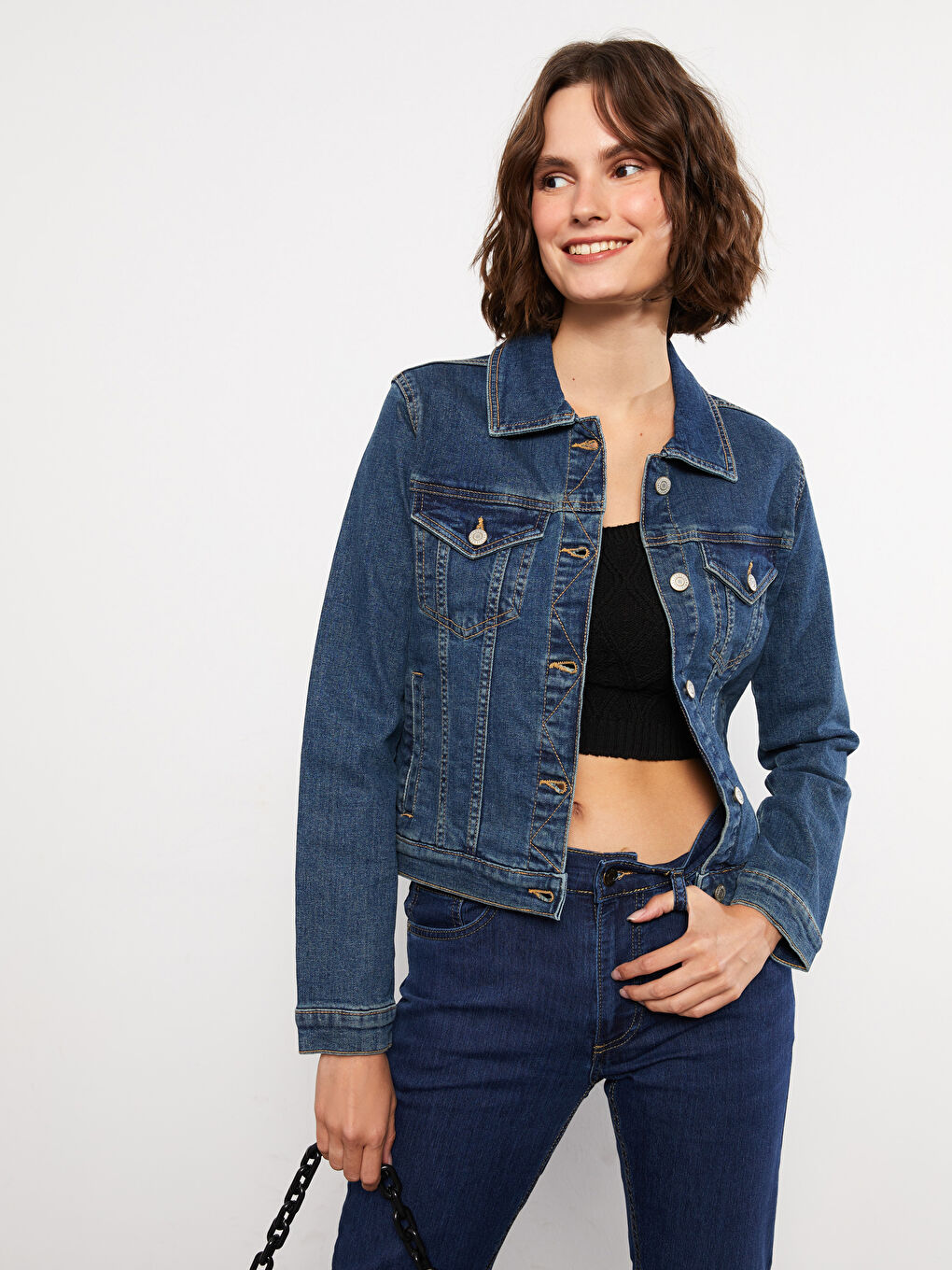 İndigo Gömlek Yaka Kadın Jean Ceket