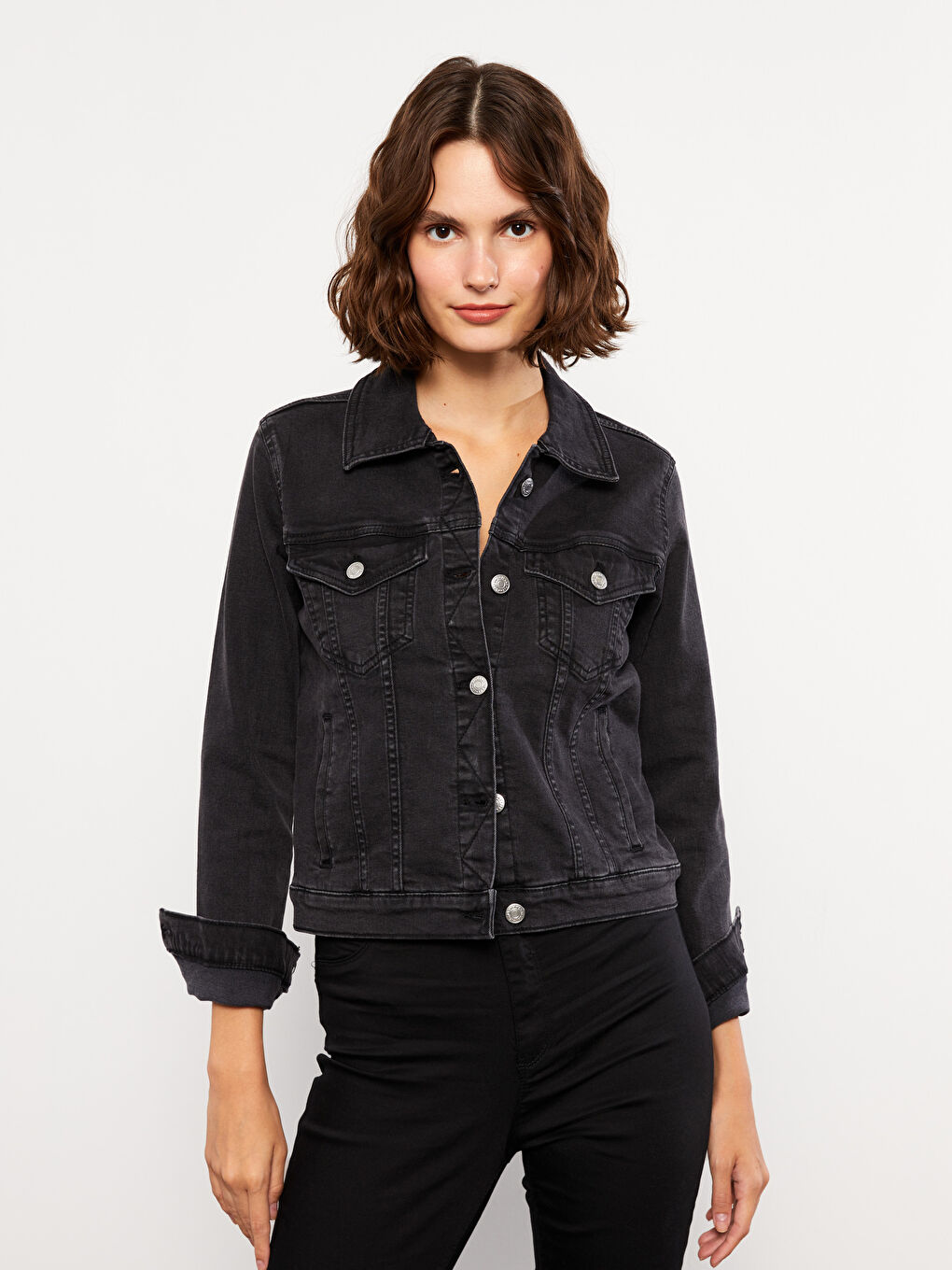 Siyah Gömlek Yaka Kadın Jean Ceket-1