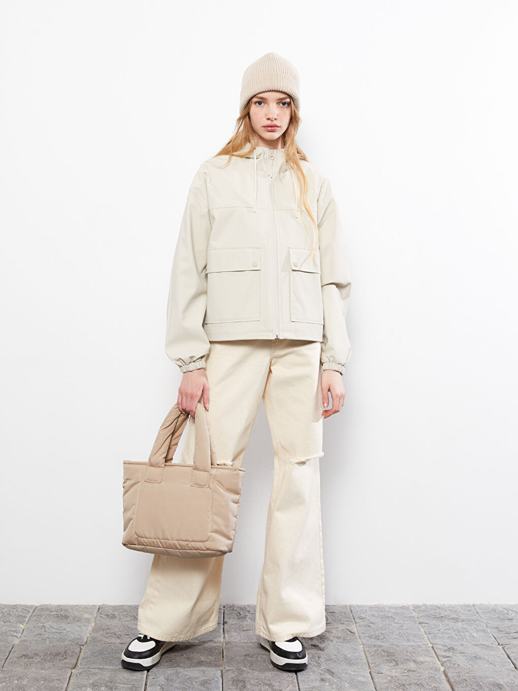 Bej Kadın Düz Triko Bere-2