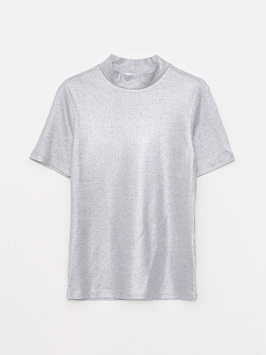 Gri Dik Yaka Düz Kısa Kollu Kadın Tişört-5