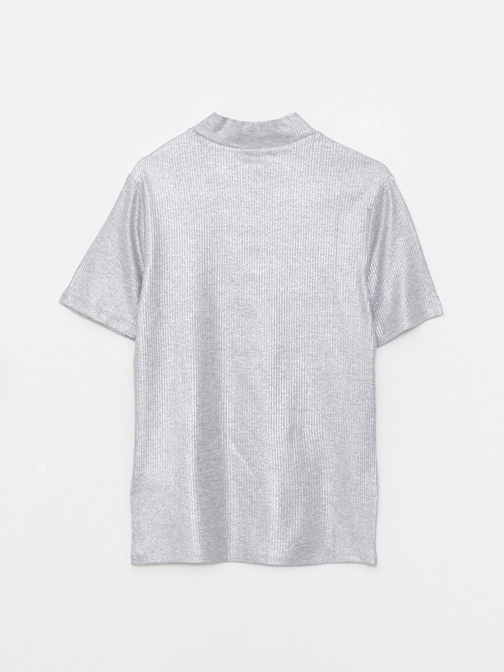 Gri Dik Yaka Düz Kısa Kollu Kadın Tişört-6