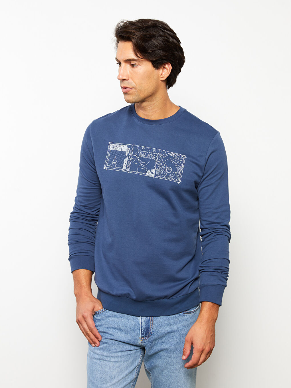 Lacivert Bisiklet Yaka Uzun Kollu Baskılı Erkek Sweatshirt-1