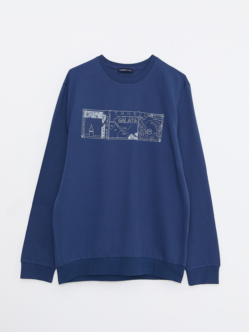 Lacivert Bisiklet Yaka Uzun Kollu Baskılı Erkek Sweatshirt-5